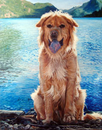 Golden Lab-Chow Mix sitting tall and handsome with water/mountain landscape